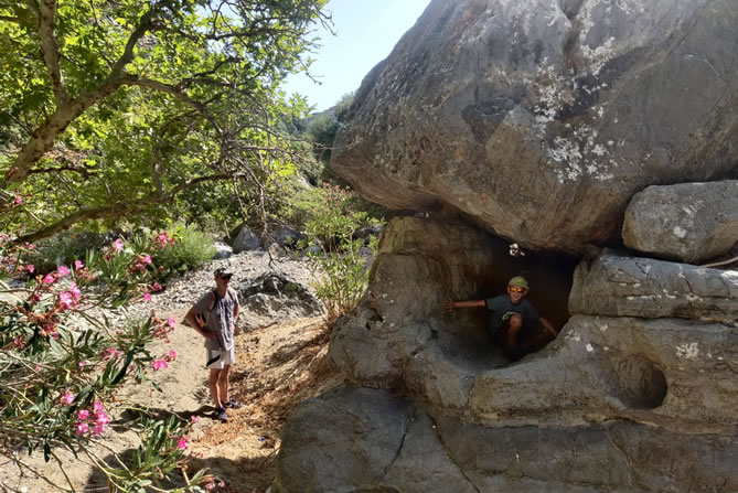 Walking trail through Aposelemis Gorge surrounded by rocks and greenery